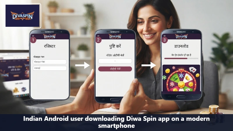 Indian Android user downloading Diwa Spin app on a modern smartphone