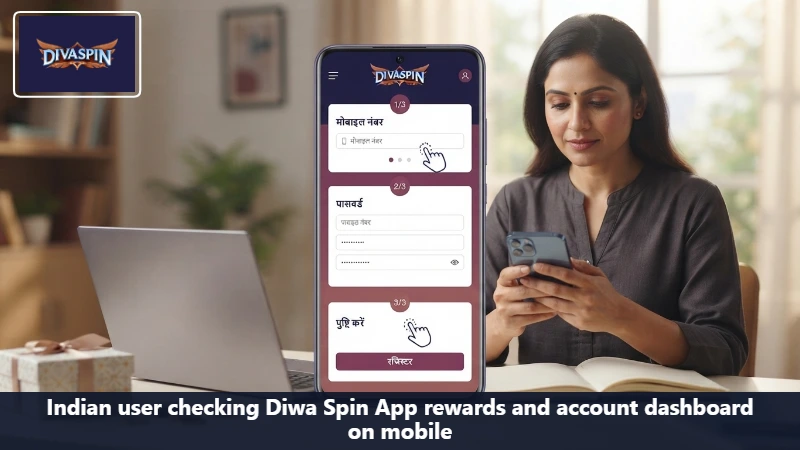 Indian user checking Diwa Spin App rewards and account dashboard on mobile