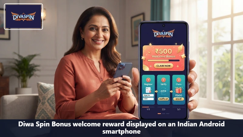 Diwa Spin Bonus welcome reward displayed on an Indian Android smartphone