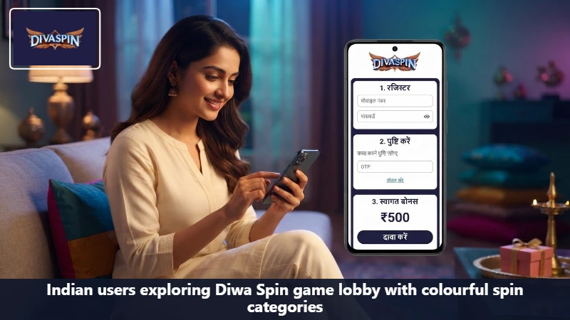 Indian users exploring Diwa Spin game lobby with colourful spin categories