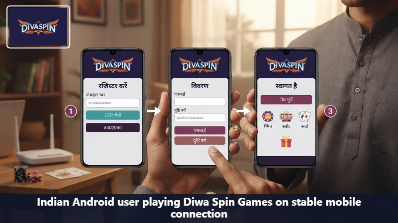 Indian Android user playing Diwa Spin Games on stable mobile connection