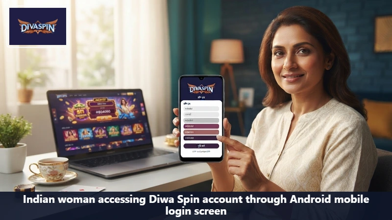 Indian woman accessing Diwa Spin account through Android mobile login screen