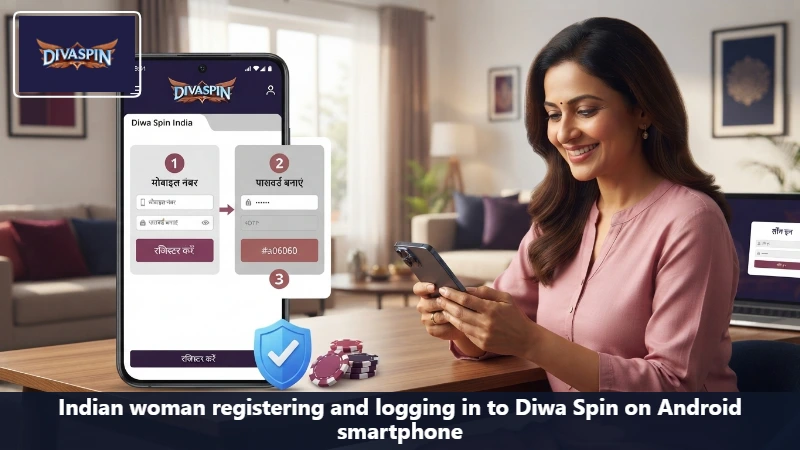 Indian woman registering and logging in to Diwa Spin on Android smartphone