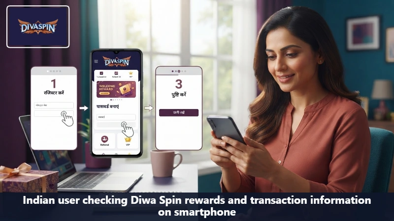 Indian user checking Diwa Spin rewards and transaction information on smartphone